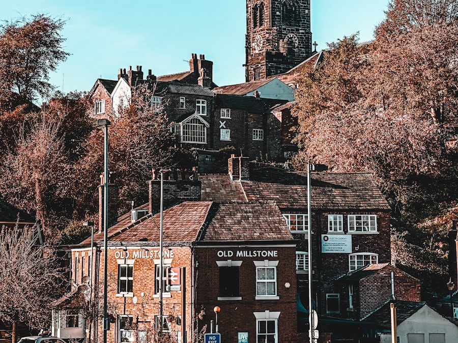 Macclesfield town, view of the Old Millstone and church tower