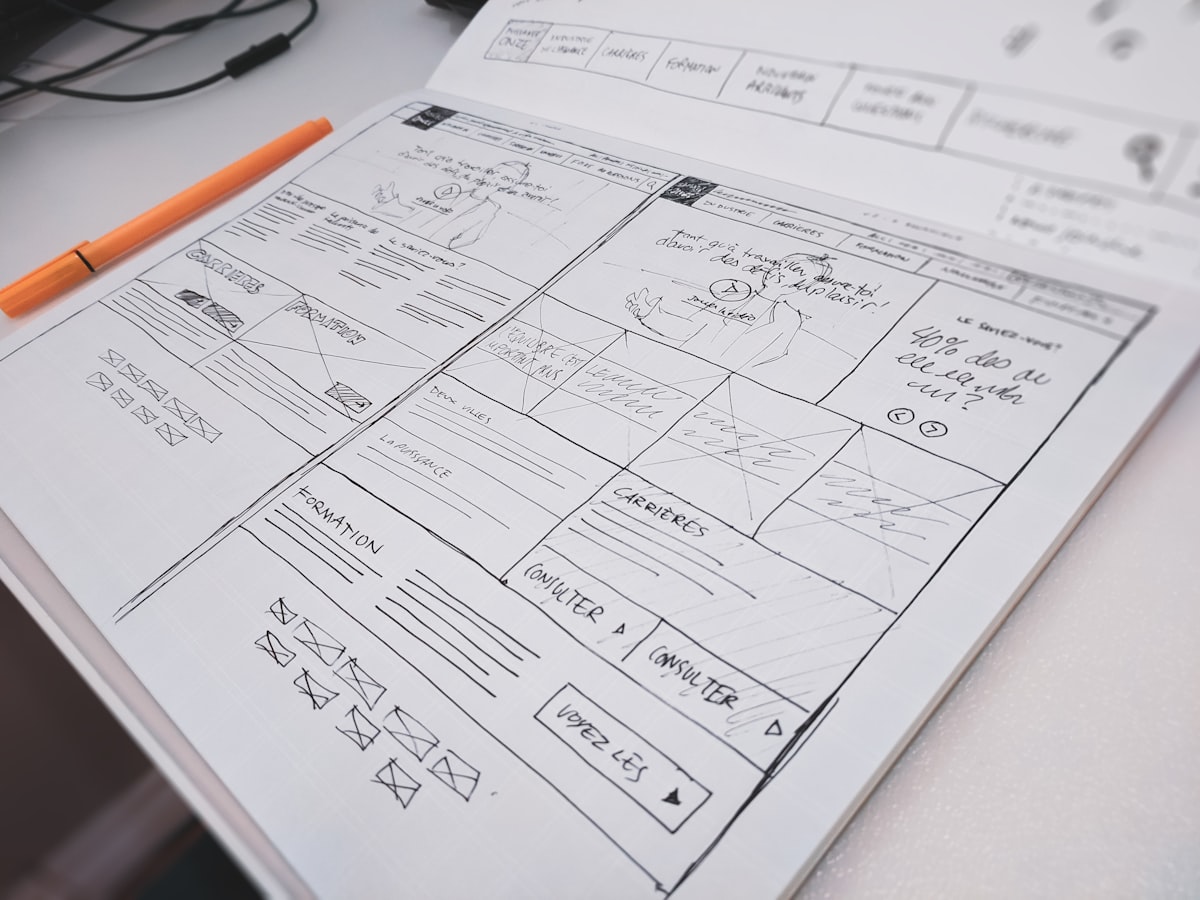 A hand-drawn website wireframe sketch