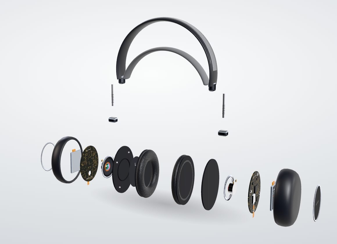 Tessel One headphones taken apart into their parts: cushions, drivers, circuit board, battery, shells and headband.