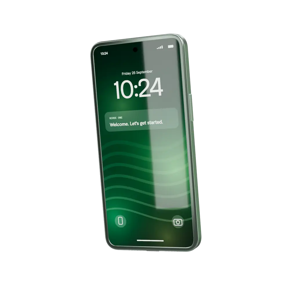 The Verde One phone, screen on, at an angle