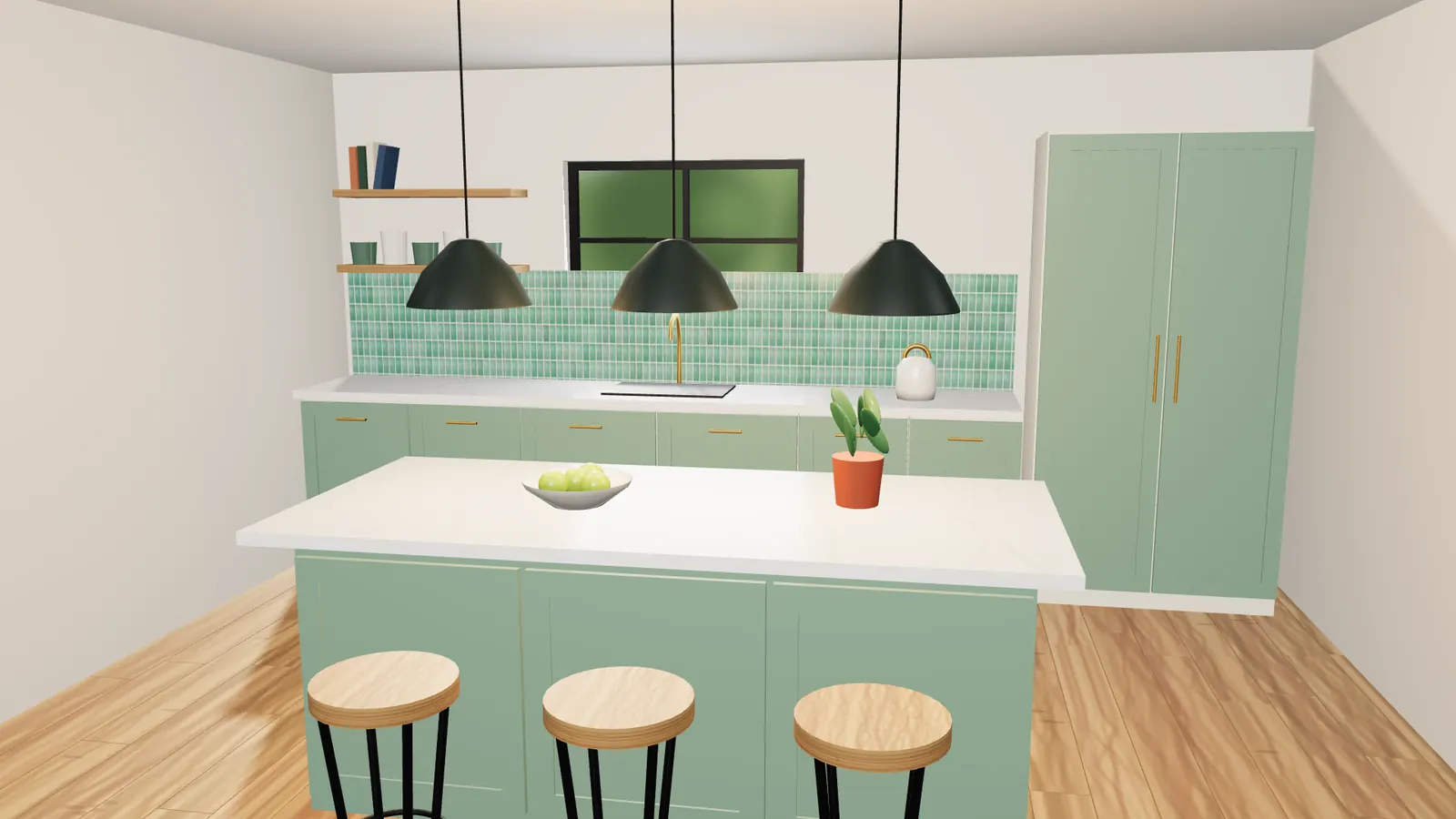 The finished kitchen: sage green shaker units, quartz worktops, green tiles, an island with stools and three pendant lights