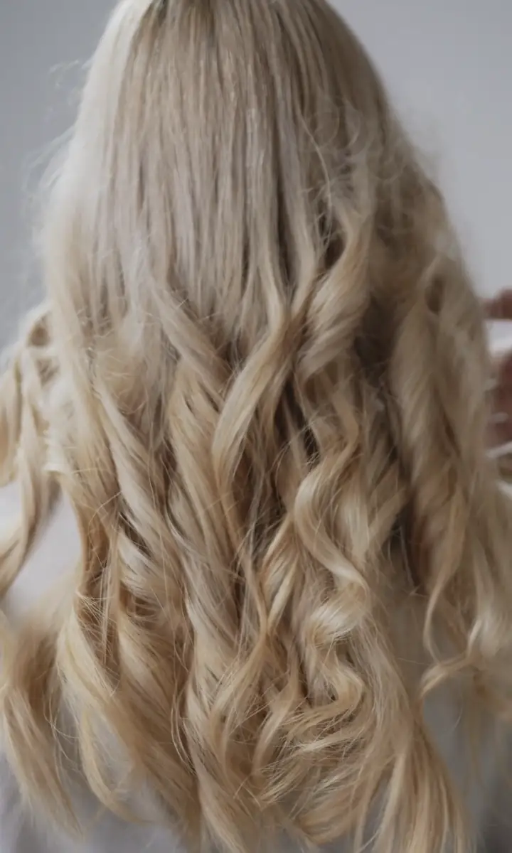 Long blonde hair styled into soft, glossy waves, seen from behind