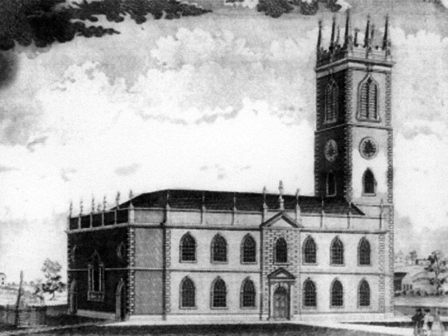 Old engraving of Christ Church, a long brick church with a tall square tower